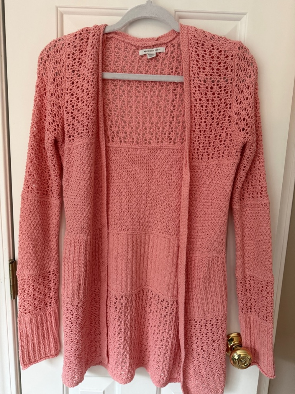 American Eagle Outfitters Coral Pink Open-Front Crochet Knit Cardigan